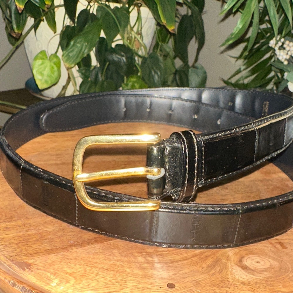 Bachrach Black Leather Belt with Gold Buckle